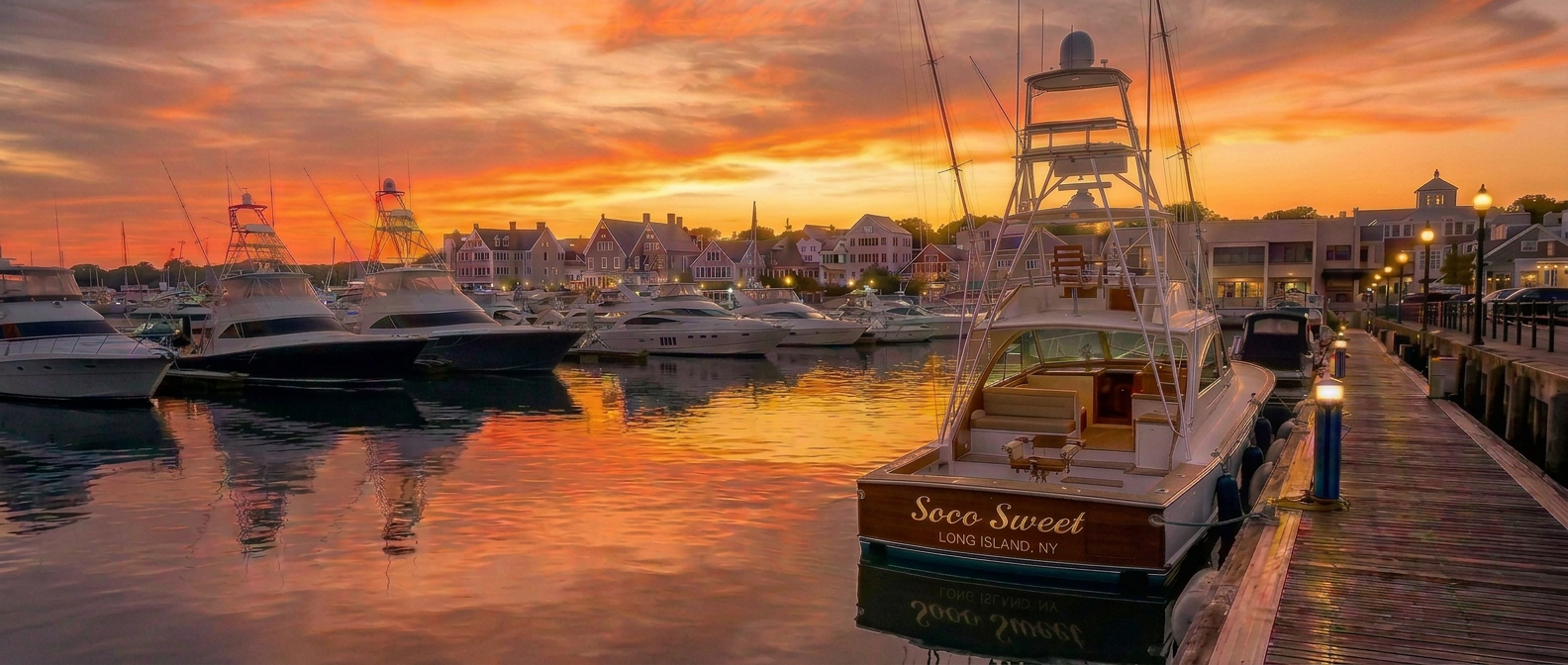 Sailboats moored in a marina at sunset with colorful sky reflections on calm water